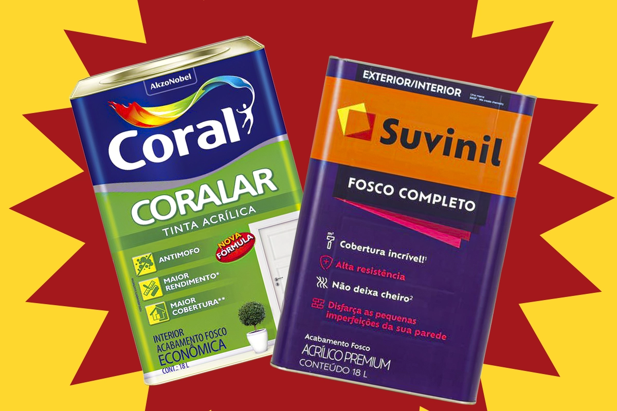 Latas de tinta látex, esmalte e verniz na prateleira da Ric-Mar